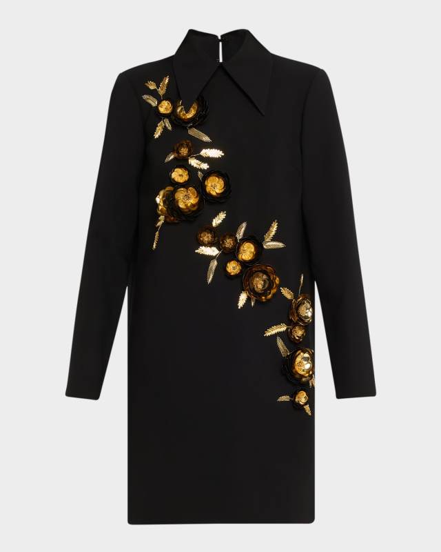 Floral Embellished Wool Shift Dress